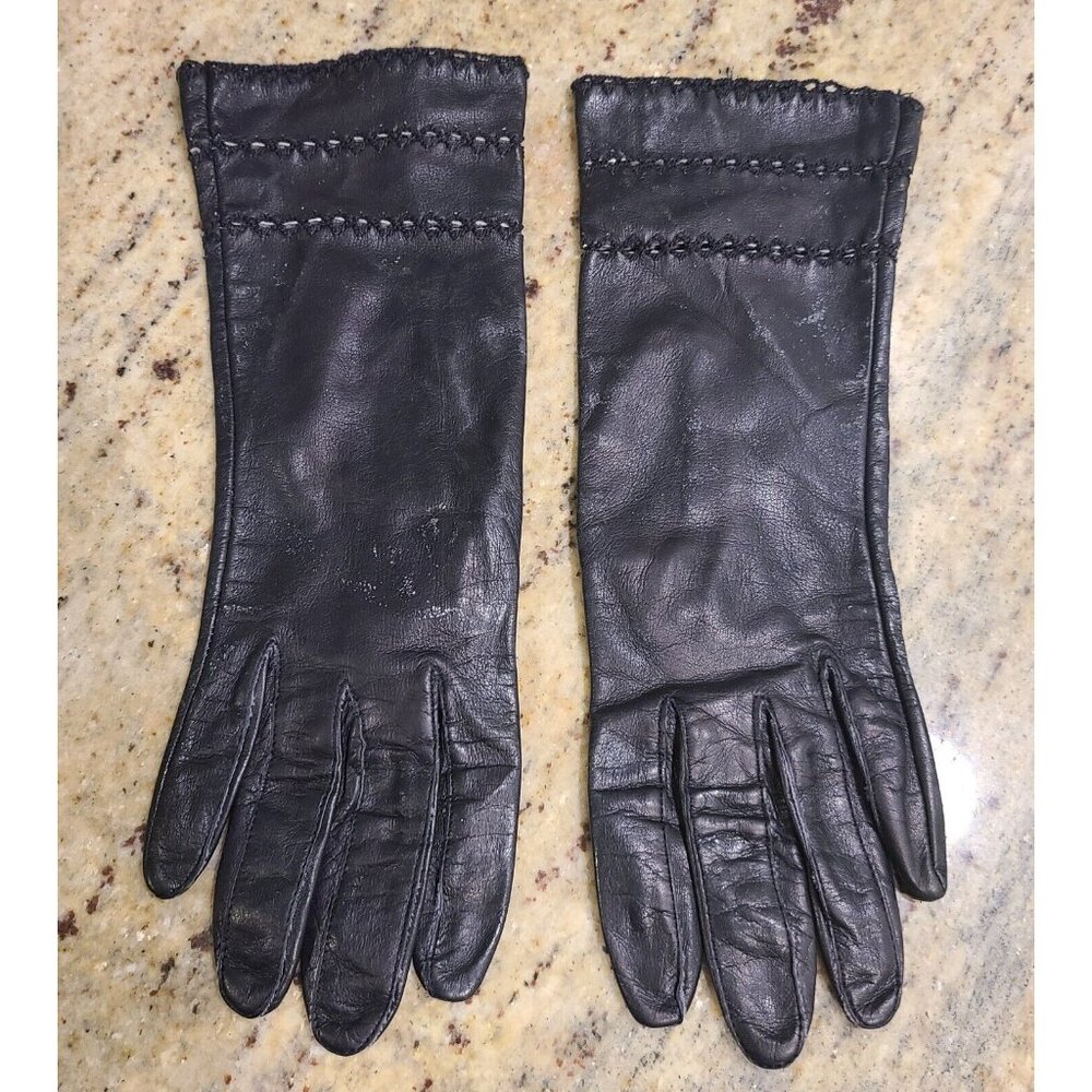 Vintage Size M/L 7 Black Leather 10" Long Formal Gloves Lined Eyelet Peekaboo